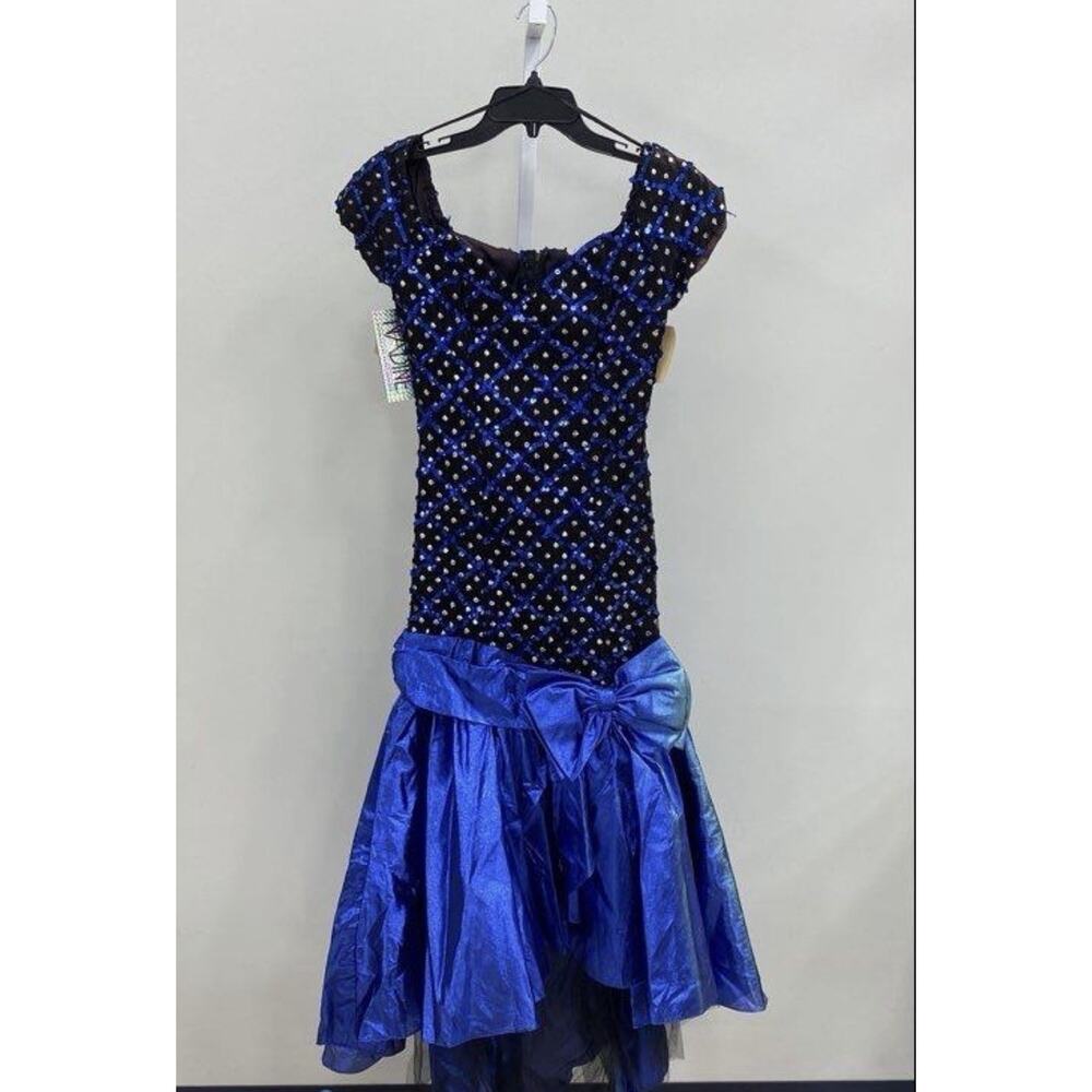Vnt 80s Cocktail Formal Dress Blue Metallic Sequined Ruffles Bow Xs 28w New